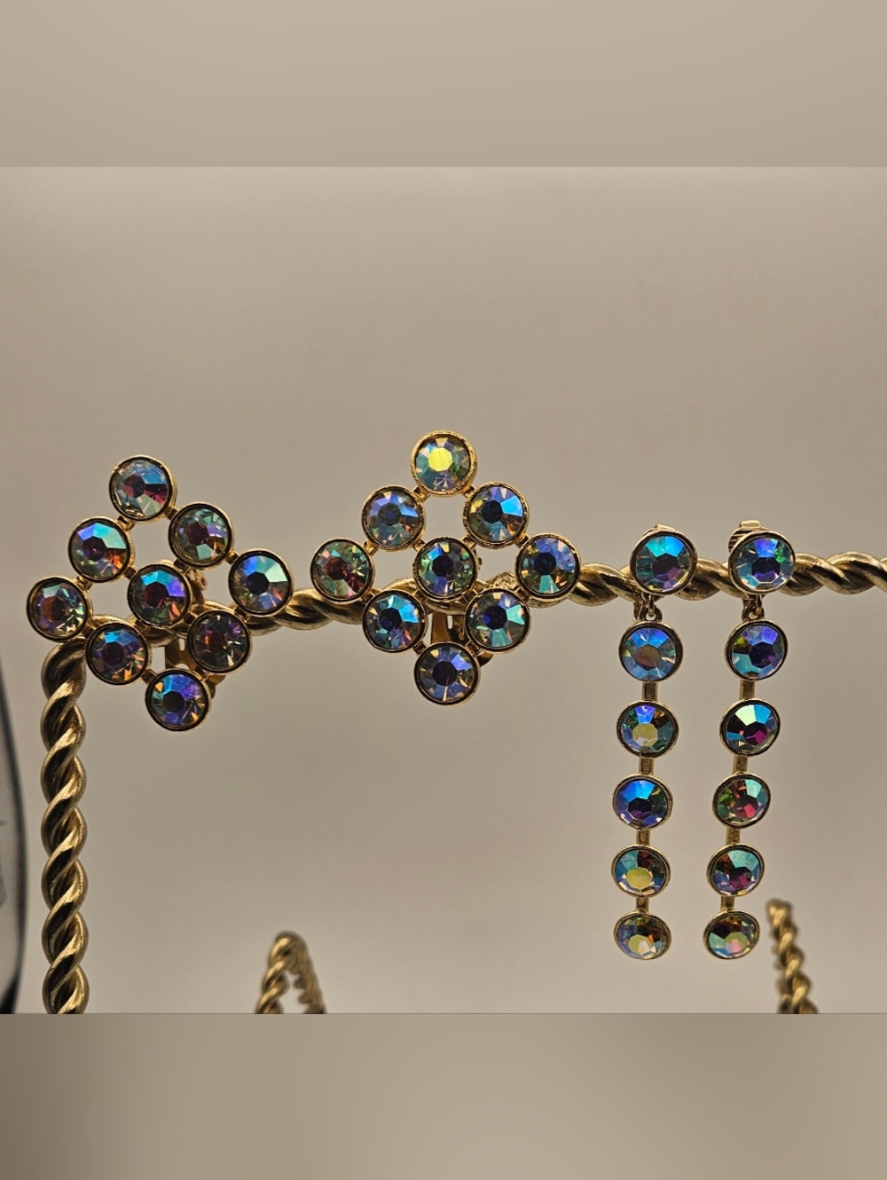 Vintage Aurora Borealis AB Rhinestone Clip On Earrings  Gold Tone MCM 2 Pairs